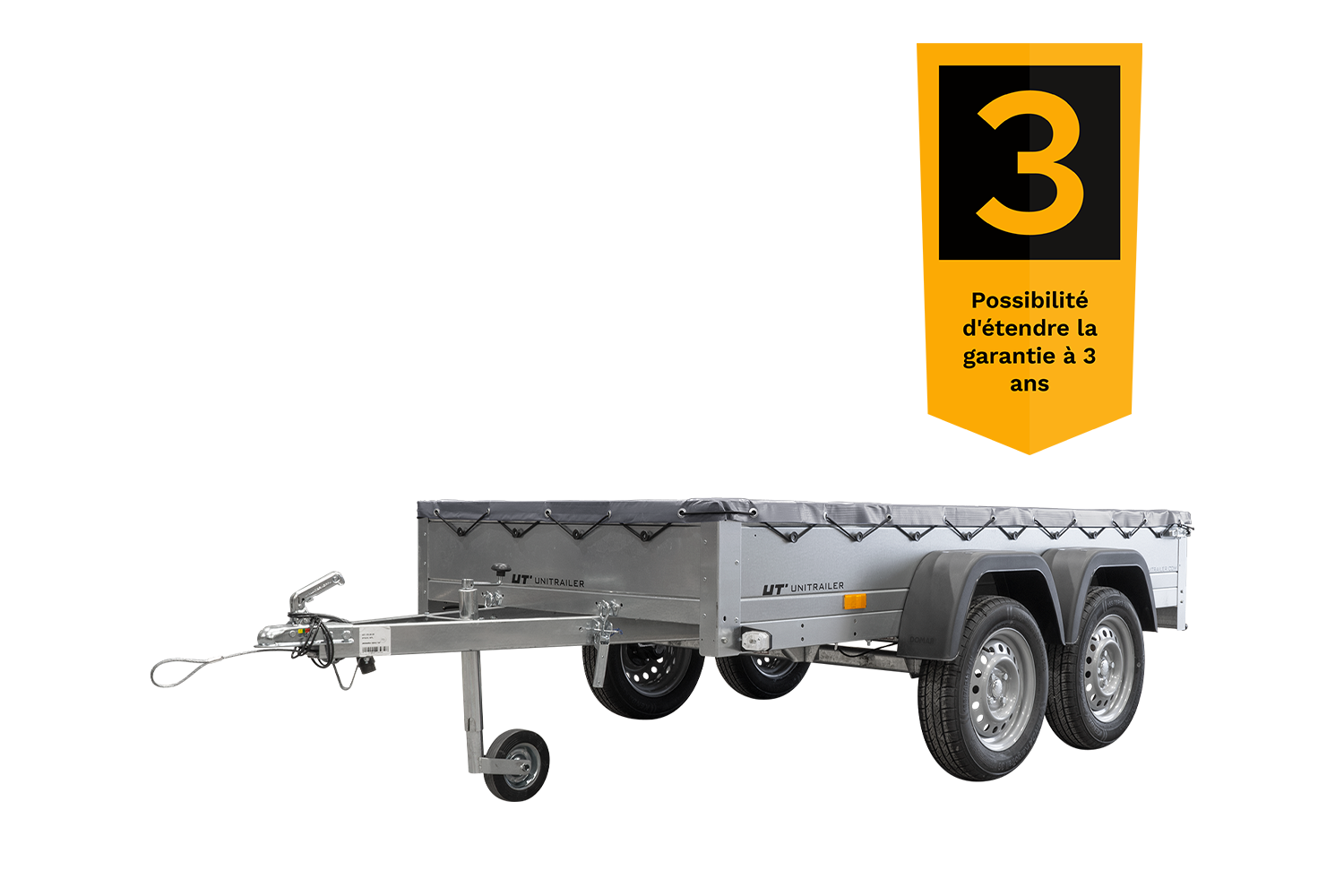 remolque unitrailer 264/2 kipp con rueda giratoria, varilla de soporte de lona y lona plana gris