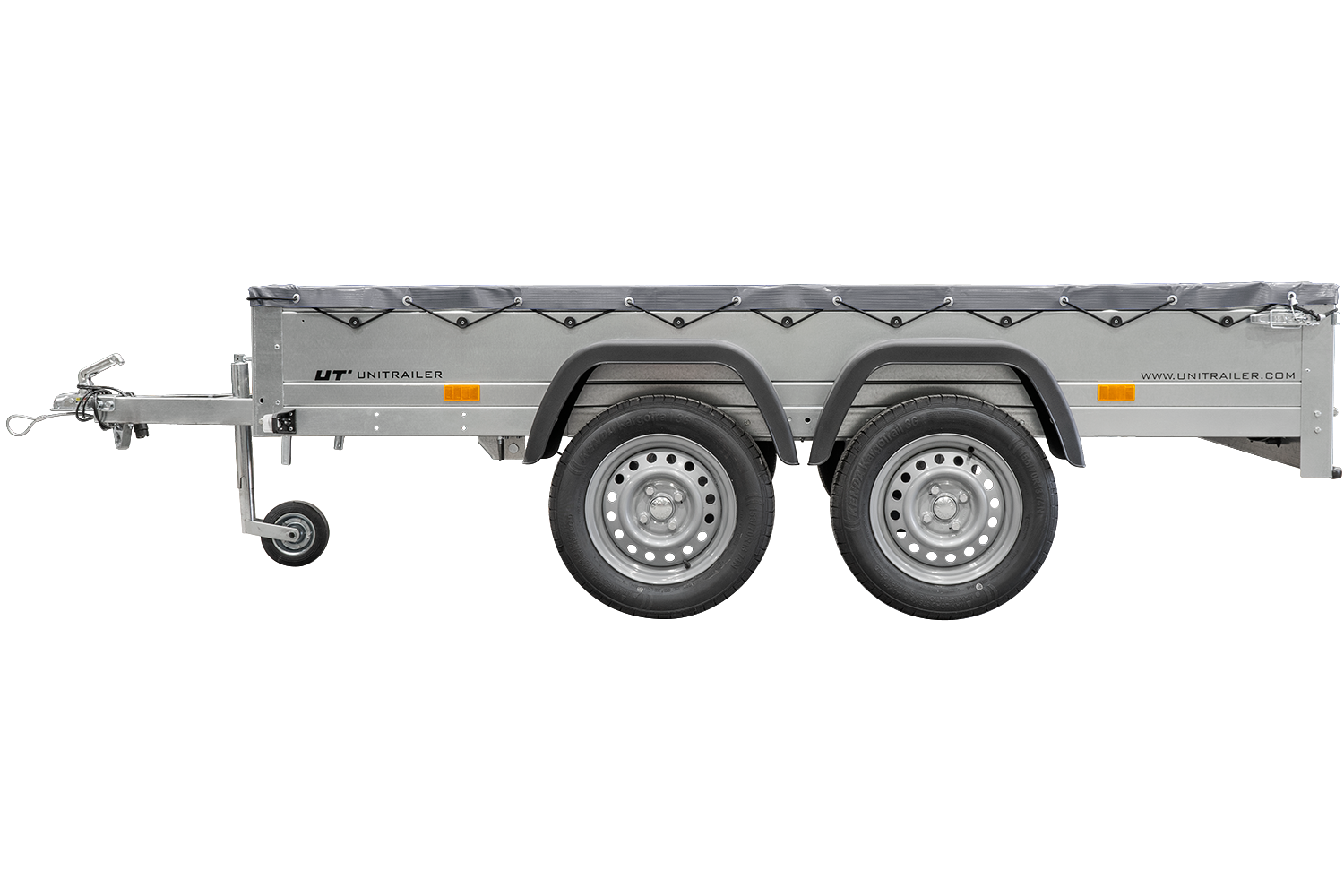 remolque unitrailer 264/2 kipp con rueda giratoria, varilla de soporte de lona y lona plana gris - Imagen 2